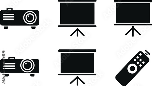 Digital Projector and Presentation Screen Icon Set Featuring Multimedia Projectors Tripod Projection Screens and Remote Control for Business Meetings Classrooms and