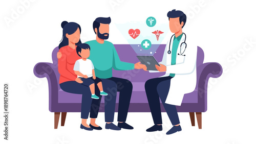 Family Healthcare Consultation: A heartwarming illustration depicts a family receiving a healthcare consultation from a compassionate medical professional, embodying care and well-being.