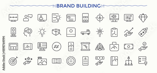 branding icon set. Included strategy, company, customer, product and more. Brainstorm icon set. Outline icons in linear style. Art and illustration.