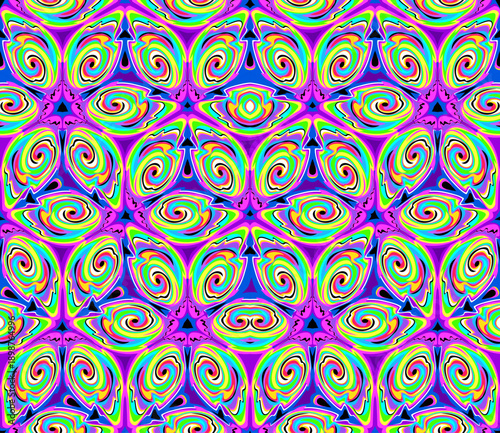 Seamless pattern ornament. Psychedelic illustration. Endless neon design. Journey into the subconscious. Template for textile, fabric, decoration, wallpaper. Hand drawn vector background.
