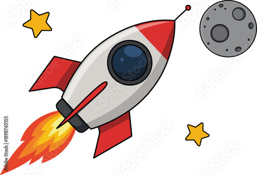 Rocket Illustration, space rocket with big round window and red side fins for business launch and interface design