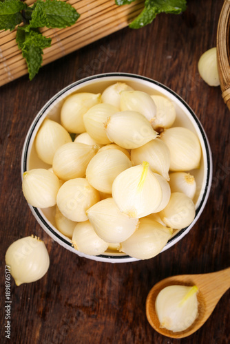 Canvastavla Fresh Peeled Garlic Cloves in Bowl - Asian Cooking Ingredients on Wooden Table