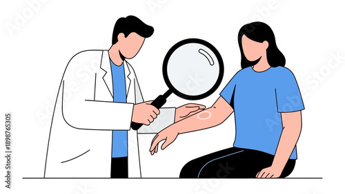 Medical Examination: A doctor examining patient's skin condition with a magnifying glass in a doctor's office, focused on healthcare, and diagnosis