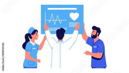 Medical team collaboration on health chart: a professional medical team collaborates on a large health chart, symbolizing a shared commitment to patient care and well-being.