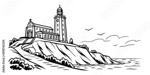 Historical Church on Seaside Cliff Black and White Line Art
