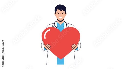 Health Advocate's Care: A smiling doctor, embodying compassion and care, holds a bright red heart, symbolizing healthcare, love, and well-being.