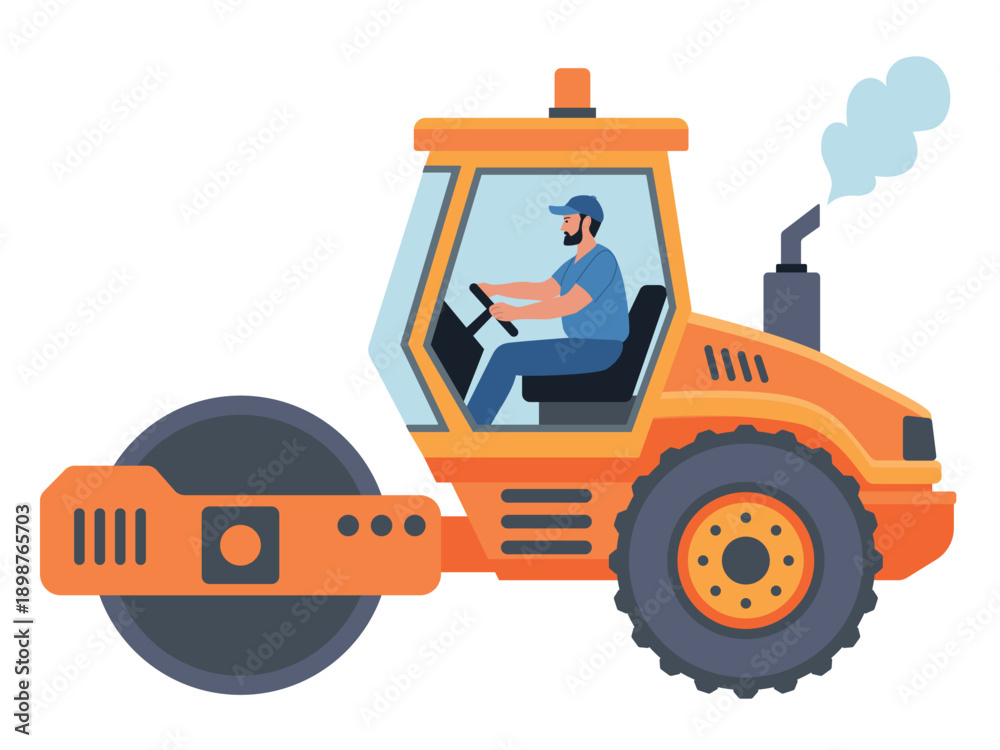 Fototapeta premium Roller Heavy Equipment Machinery. Road Roller Driver