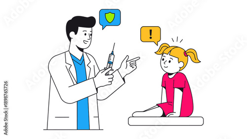 Vaccination Illustration: A medical professional prepares to administer a vaccination to a child, with speech bubbles symbolizing health protection and potential concern.