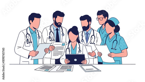 Medical Team in Deliberation: A medical team, consisting of dedicated doctors and nurses, is deeply engrossed in a discussion, poring over medical records, and planning patient care.