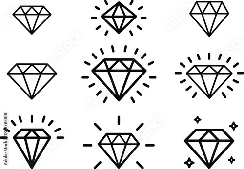 Set of Nine Minimalist Diamond and Gemstone Line Art Icons Featuring Sparkling Jewelry Symbols for Luxury Branding Logo and Web Design,