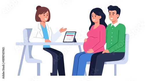 Prenatal Consultation: A woman and her partner meet with a healthcare provider for prenatal care, discussing health and wellness.