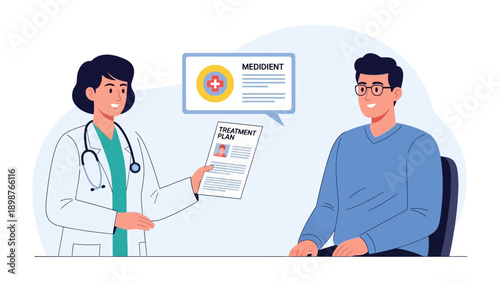 Doctor's Care: A caring doctor provides treatment plan for patient. A calm, inviting environment with emphasis on patient comfort and trust.