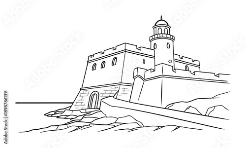 Castle Fortress Lighthouse Line Art Vector Outline Drawing