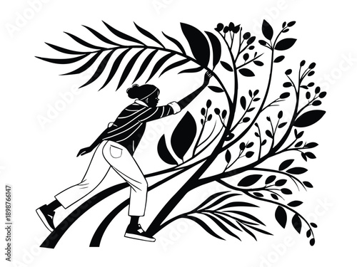 Woman Reaching for Plants | Black and White Nature Illustration