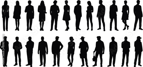 Set of Professional Black Silhouettes Featuring Diverse Men and Women Standing in Various Business Poses Isolated on White Background for Design,