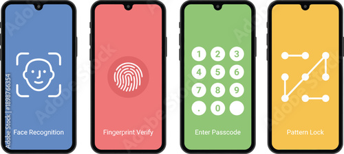 Smartphone authentication methods with face recognition, fingerprint, passcode, and pattern lock, security vector artwork 
