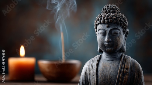 A statue of Buddha sits on a table next to a candle and a bowl. The candle is lit, and the smoke from it fills the room. The atmosphere is calm and peaceful