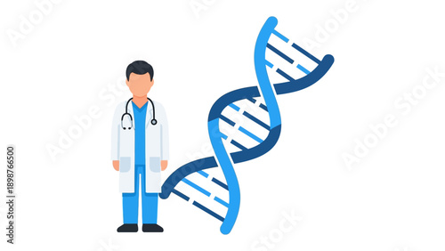 Doctor's Insight into DNA: A healthcare professional stands beside a vibrant representation of the DNA helix, symbolizing the core of human genetics, medical innovation and scientific advancements.