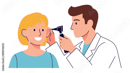 Medical Examination: Doctor with an otoscope examining patient's ear, health and medical concept.