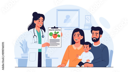 Healthy Lifestyle Discussion: A medical professional and a family delve into a discussion about healthy lifestyle choices. The image exudes a sense of well-being, healthy habits.