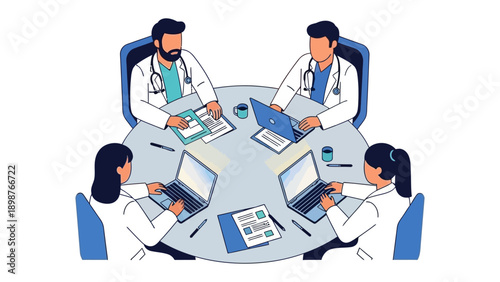 Doctors Meeting for Patient Care: An illustration of a medical team collaborating around a table, focused on patient care, depicting a scene of dedication and expertise.