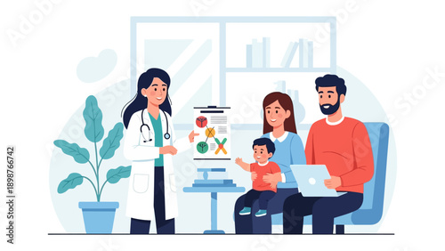 Healthcare Consultation: A doctor explains test results to a family in a bright, modern medical office.