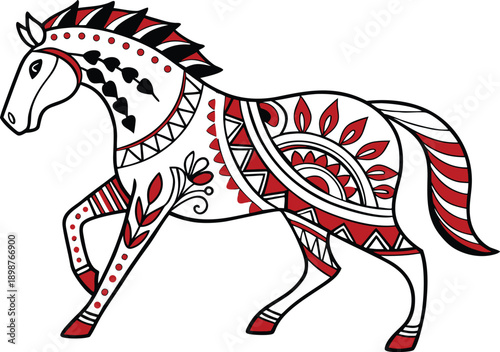 Ornate Red and White Folk Art Horse Vector Illustration