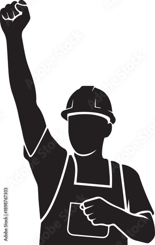 Construction worker celebrating with raised fist in black silhouette