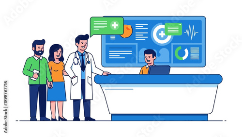 Medical Consultation Illustration: A doctor advises a couple in a healthcare setting, emphasizing communication and trust, where digital data informs decisions in a supportive environment.