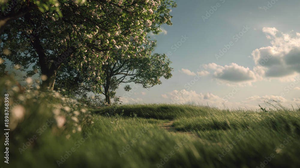 Fototapeta premium Dreamy Pastoral Landscape with Solitary Tree on Green Hillside under Soft Cloudy Sky with Natural Bokeh