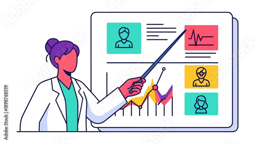 Medical Presentation & Demonstration: A medical professional passionately demonstrates data in a vibrant display, expertly explaining intricate medical concepts with a pointed gesture.