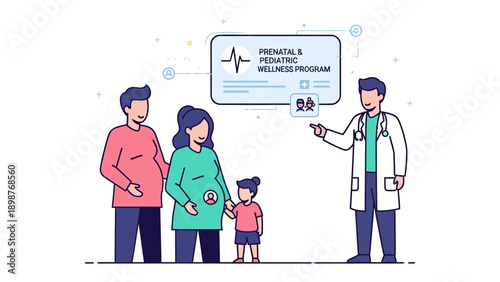 Family Health Consultation: A doctor explains a prenatal & pediatric wellness program to a family, emphasizing health and well-being. 