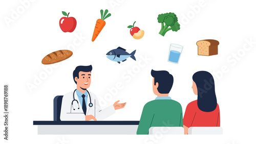 Healthy Eating Consultation: A dedicated doctor advising a couple about a well-balanced diet, using various food items as visual aids for nutrition.