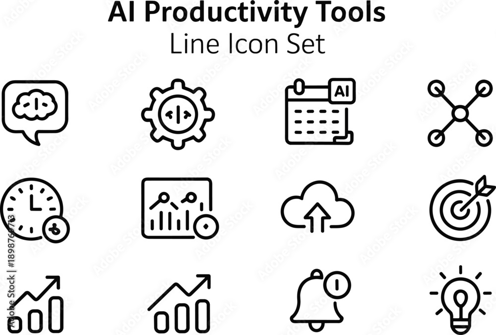 Fototapeta premium AI Productivity Tools Line Icon Set with Brain Gear Calendar and Clock Icons artificial intelligence