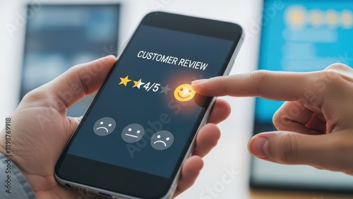 Wallpaper Mural Hand giving four-star customer review on smartphone, symbolizing feedback and satisfaction Torontodigital.ca