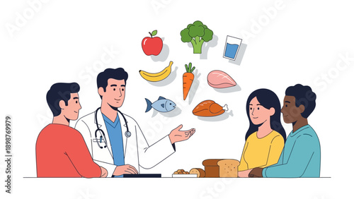 Healthy dietary consultation: A medical professional consults with two individuals, showcasing a collection of nutritious foods.