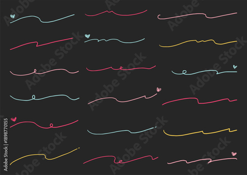 ハート付きパステルカラーの手描き罫線セット　濃いグレー背景のカラフルなライン素材