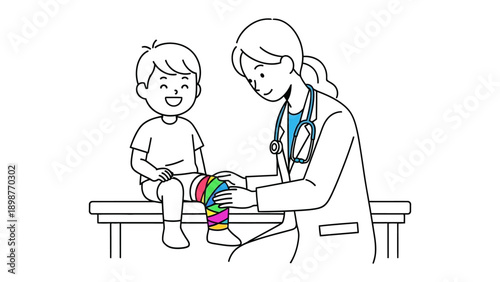 Friendly Checkup: A kind and professional doctor provides care to a young child, checking their injured knee in a clean and safe environment.