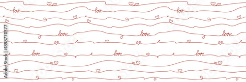 Seamless outline with heart and inscription Love. Valentines Day background with hearts drawn with continuous red line. Vector pattern for romantic occasions, weddings. Texture gift wrapping paper