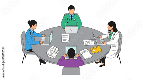 Medical Experts in Discussion: A gathering of medical professionals engrossed in a crucial discussion, immersed in a collaborative environment with advanced tools.