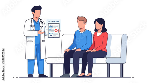 Medical Consultation: A doctor is explaining a treatment plan to a couple, creating a moment of trust and care. This image embodies health, support, and professional advice.
