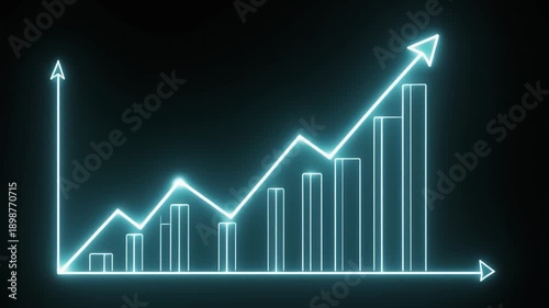 Neon blue line graph and bar chart showing upward trend on dark background business