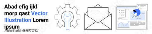Digital tools, business communication, data analysis, workflow optimization, report management, process efficiency. Gear icon, envelope and analytics dashboard. Business communication and data