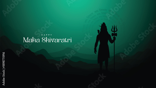 Minimal green Maha Shivaratri background featuring Lord Shiva silhouette with trishul