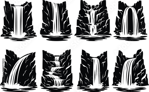 Black and White Waterfall Silhouette Set, Bold Nature Rock Cascade Illustrations.