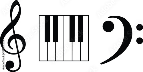 Music symbols illustration featuring treble clef, piano keyboard, and bass clef icons, minimalist monochrome design representing sound, melody, harmony, and education