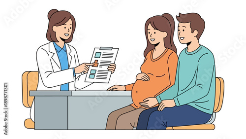Prenatal Checkup: A doctor, a soon-to-be mother and her partner gather for a prenatal checkup. The scene depicts a consultation and counseling setting in a healthcare context.