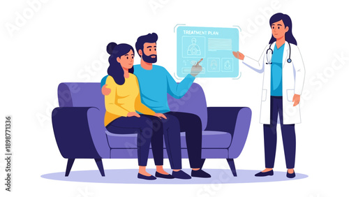 Medical Consultation: A couple consults with a medical professional. The doctor is explaining the patient's report in a welcoming medical environment.