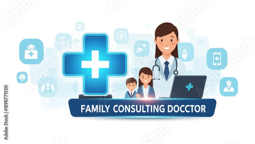 Family Consulting Doctor: A compassionate doctor and family are at the center of this illustrative healthcare scene, underscored by the symbolic medical cross and laptop.