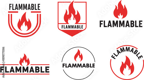 set of flammable warning symbols and fire hazard icons with red flame graphic elements